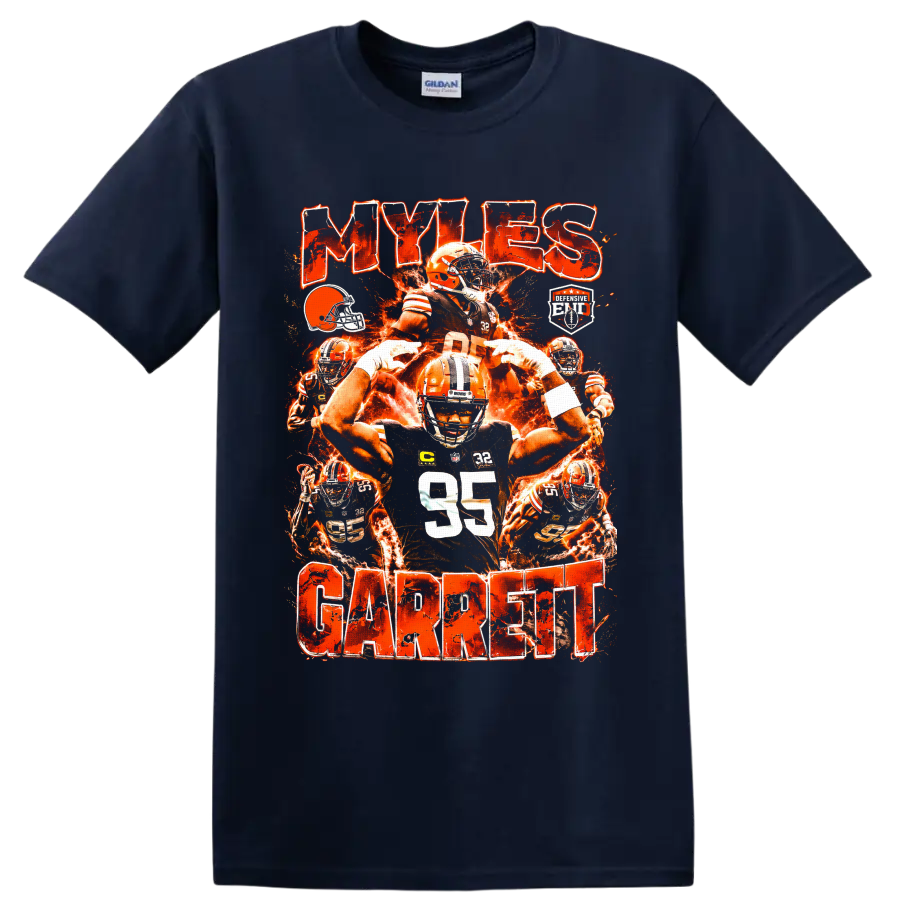 Myles Garrett Cleveland Browns fiery football collage with number 95 and MYLES GARRETT on a Navy (Blue) T Shirt