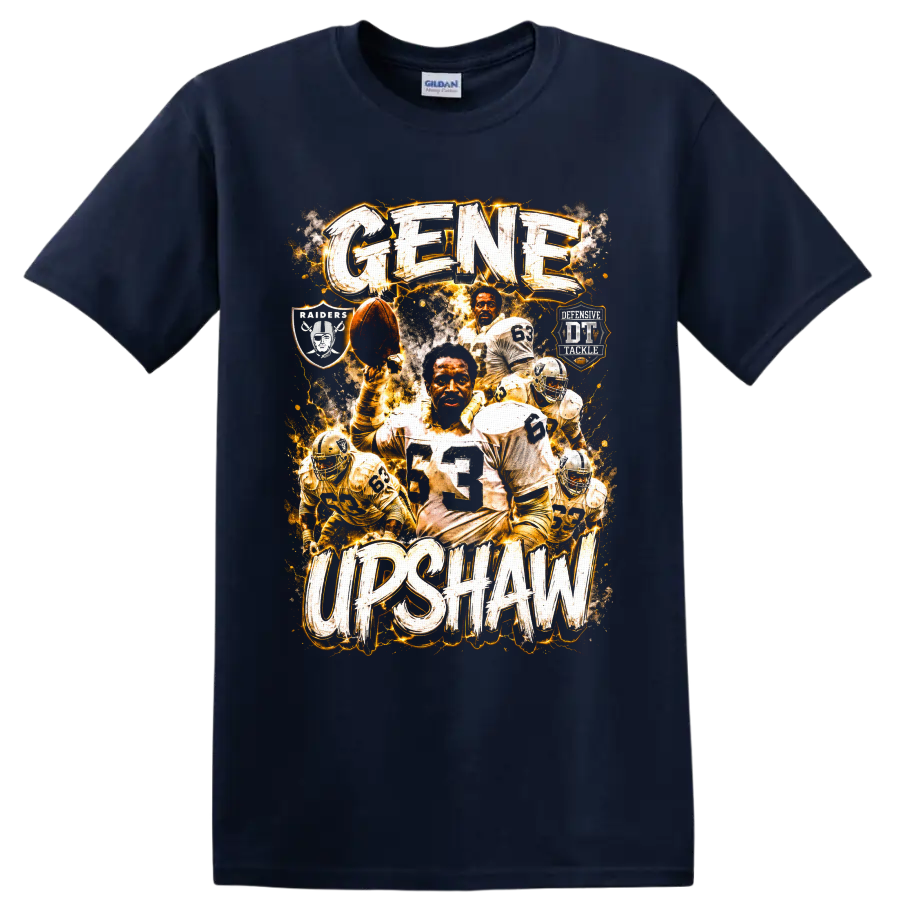 Gene Upshaw Oakland Raiders football collage with number 63 and distressed lettering on a Navy (Blue) T Shirt