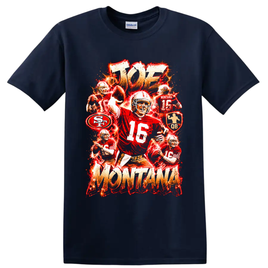 Joe Montana 49ers quarterback collage with No. 16 action, lightning, and distressed on a Navy (Blue) T Shirt
