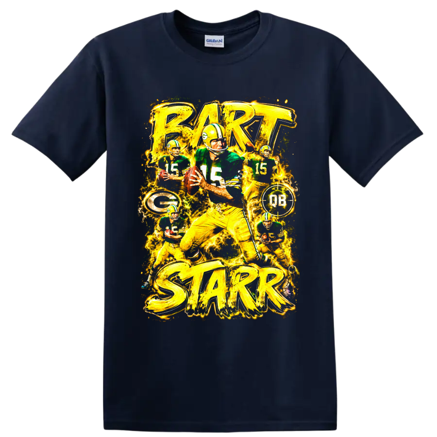 Bart Starr Green Bay Packers quarterback collage with vintage action art and electric on a Navy (Blue) T Shirt