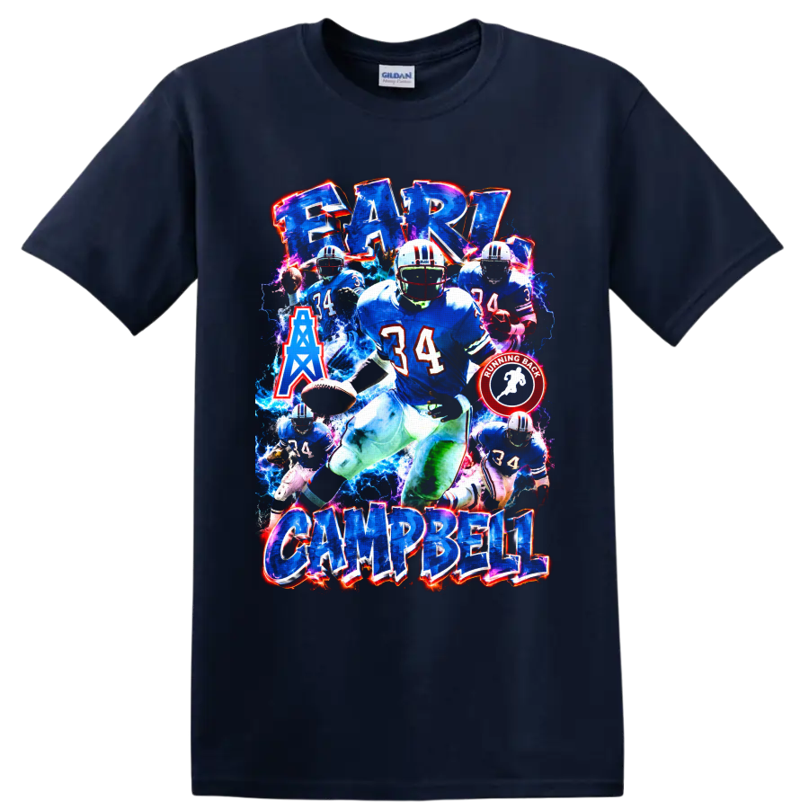 Earl Campbell Houston Oilers number 34 football collage with electric blue effects on a Navy (Blue) T Shirt
