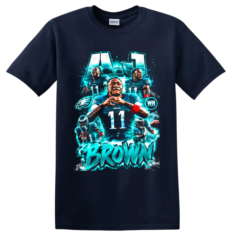 A.J. Brown Philadelphia Eagles number 11 electric teal football collage graphic on a Navy (Blue) T Shirt