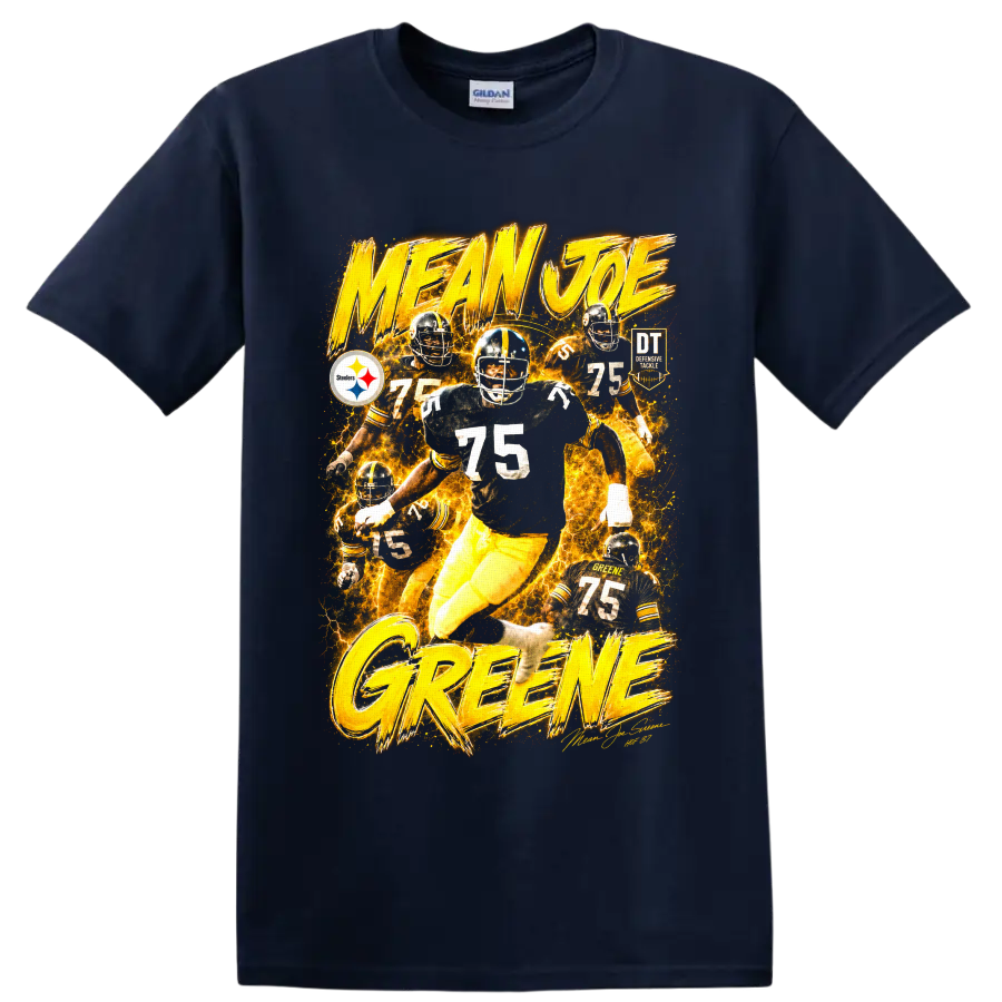 Mean Joe Greene Steelers number 75 fiery vintage football action graphic on a Navy (Blue) T Shirt