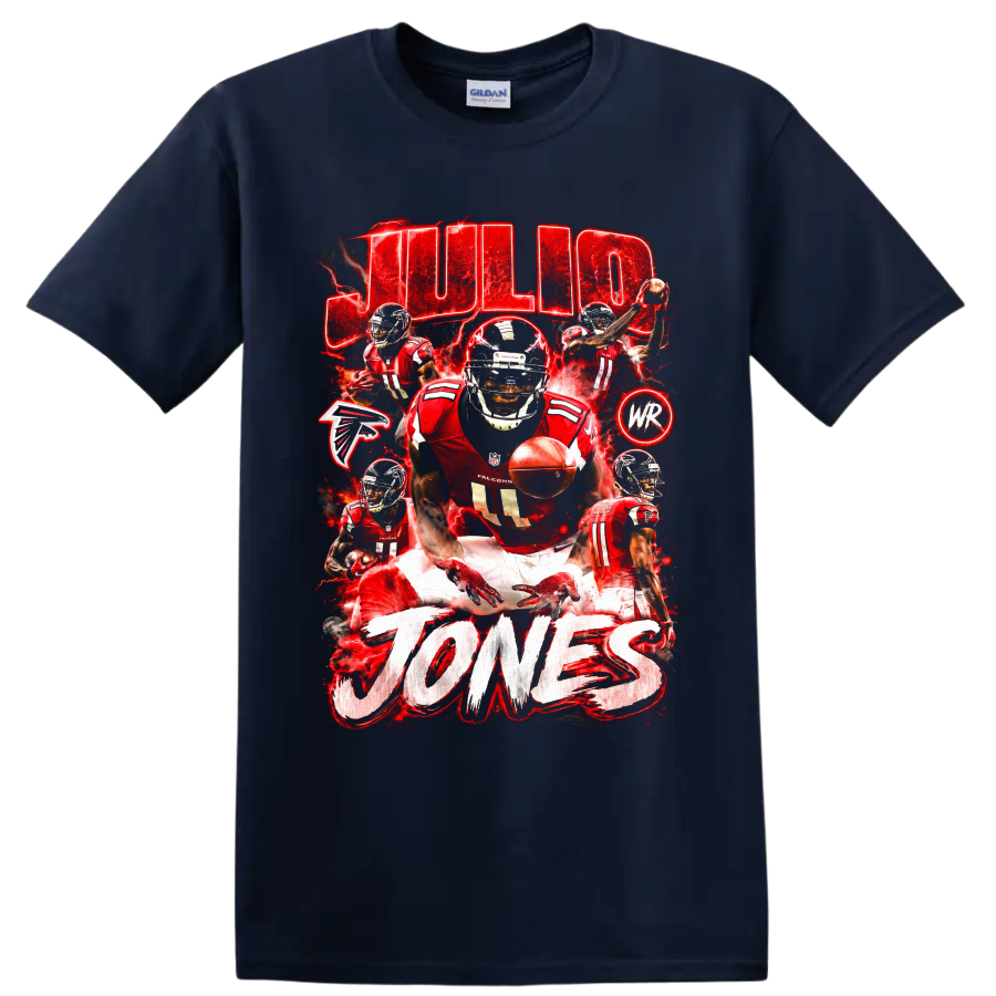 Julio Jones Atlanta Falcons action collage with red lightning and JULIO JONES text on a Navy (Blue) T Shirt