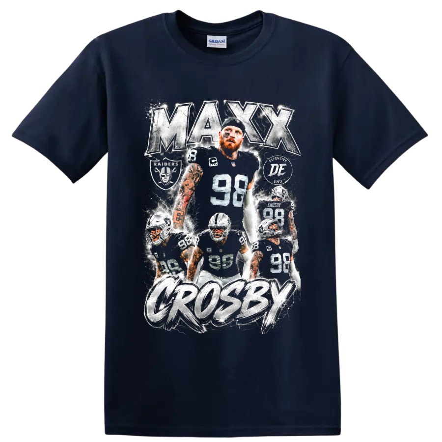 Maxx Crosby Raiders number 98 action collage with metallic lettering and lightning on a Navy (Blue) T Shirt
