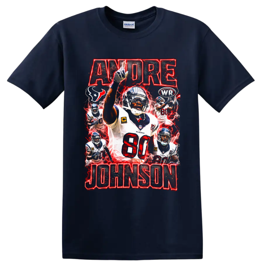 Andre Johnson Houston Texans number 80 action collage with red lightning and bold on a Navy (Blue) T Shirt