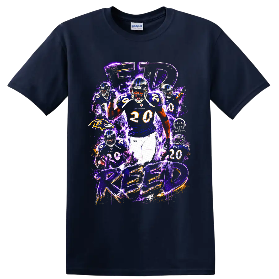 Ed Reed Baltimore Ravens safety collage with purple lightning and REED lettering on a Navy (Blue) T Shirt