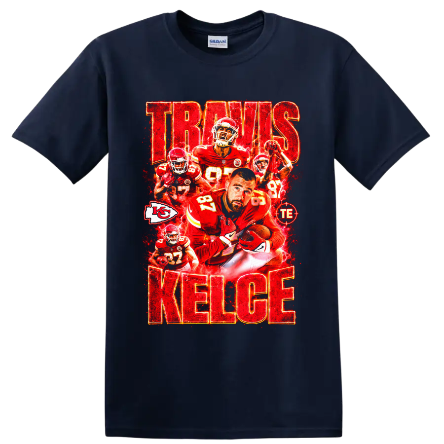 Travis Kelce Chiefs number 87 football collage with electric red TRAVIS KELCE text on a Navy (Blue) T Shirt
