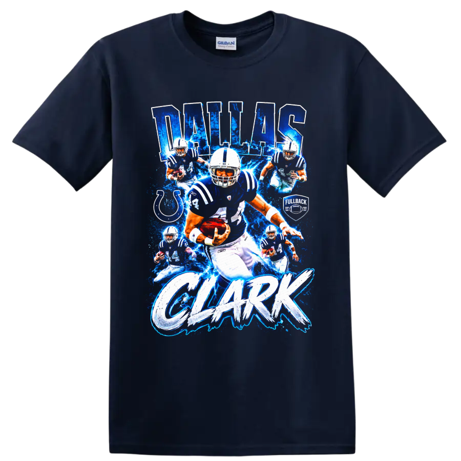 Dallas Clark Colts football action collage with number 44, lightning, and bold name text on a Navy (Blue) T Shirt