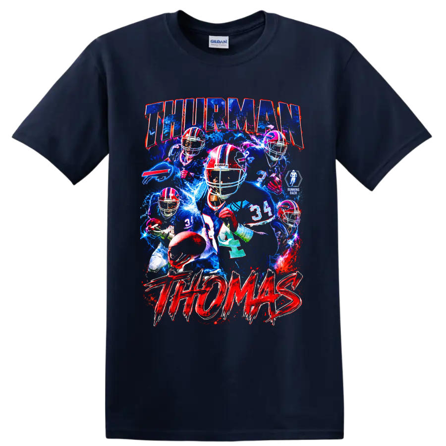 Thurman Thomas Buffalo Bills running back electric football collage with bold lettering on a Navy (Blue) T Shirt