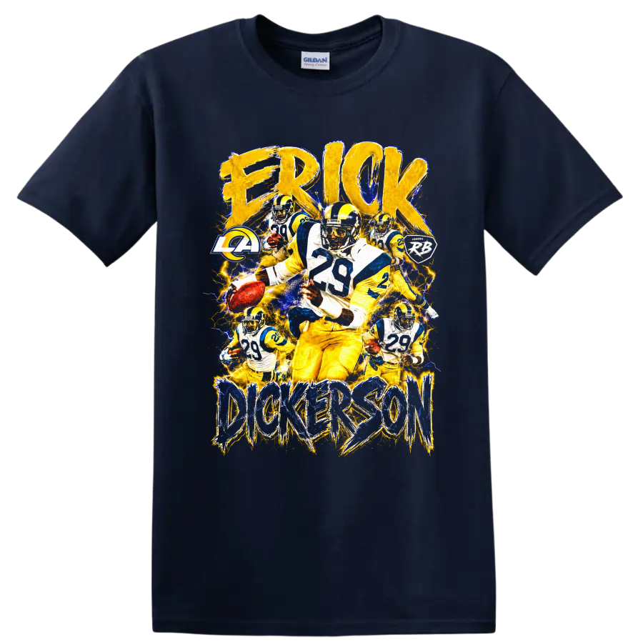 Eric Dickerson Rams running back collage with distressed lettering and lightning on a Navy (Blue) T Shirt