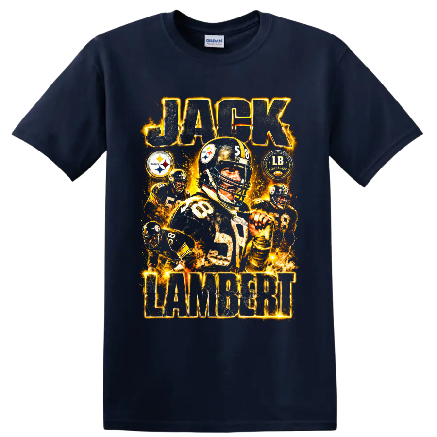 Jack Lambert Steelers number 58 vintage football collage with gold lightning on a Navy (Blue) T Shirt