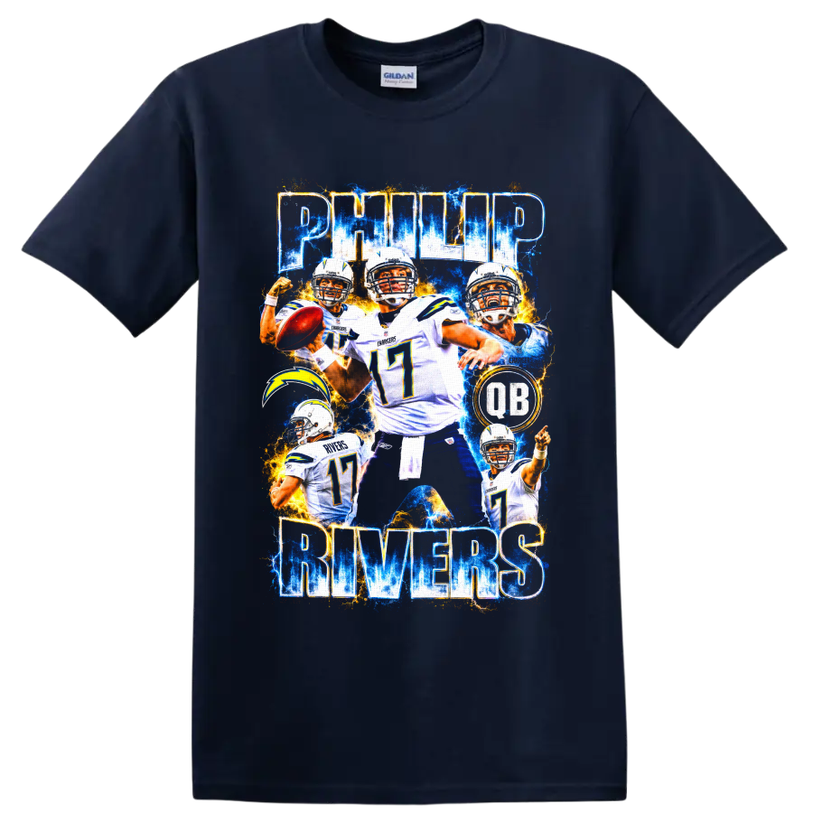 Philip Rivers Chargers quarterback collage with number 17, lightning bolt, and electric on a Navy (Blue) T Shirt
