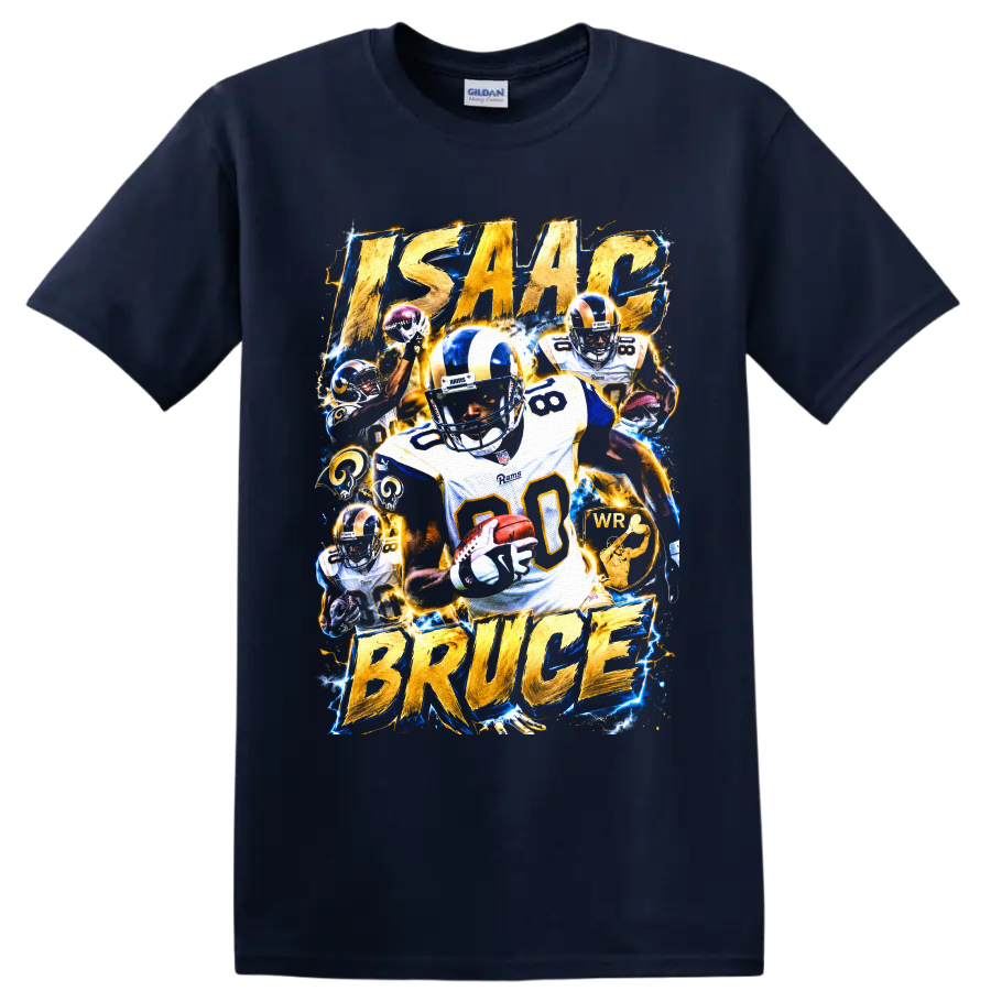 Isaac Bruce Rams number 80 football collage with gold lettering and electric blue effects on a Navy (Blue) T Shirt