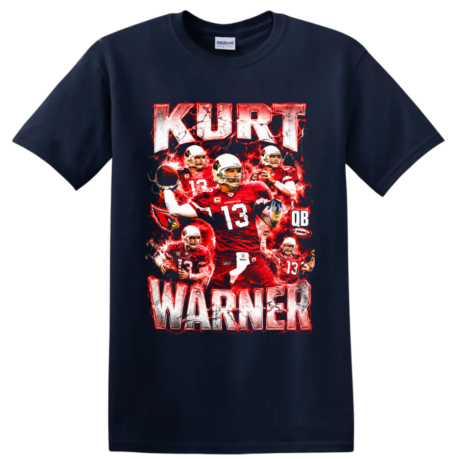 Kurt Warner Arizona Cardinals number 13 football collage with red lightning on a Navy (Blue) T Shirt
