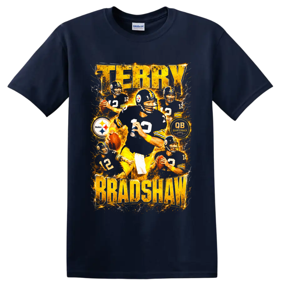 Terry Bradshaw Steelers number 12 quarterback collage with electric gold lettering on a Navy (Blue) T Shirt