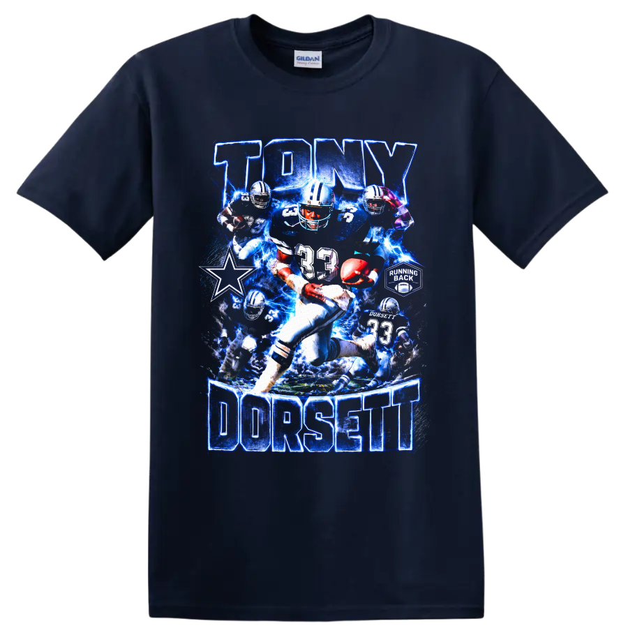 Tony Dorsett Dallas Cowboys number 33 running back collage with blue lightning on a Navy (Blue) T Shirt