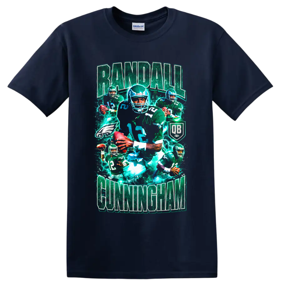 Randall Cunningham Philadelphia Eagles quarterback vintage collage with electric football on a Navy (Blue) T Shirt
