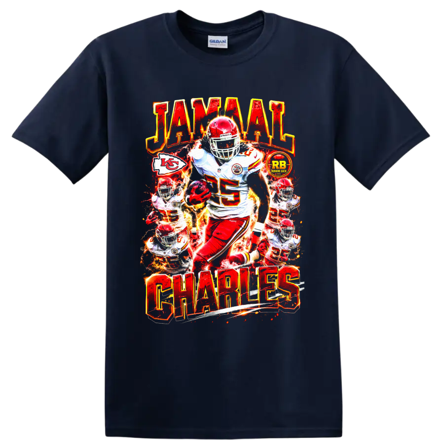 Jamaal Charles Chiefs number 25 fiery football action collage with JAMAAL CHARLES text on a Navy (Blue) T Shirt