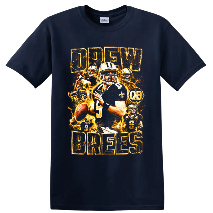 Drew Brees Saints quarterback collage with number 9, fleur-de-lis, and gold lightning on a Navy (Blue) T Shirt