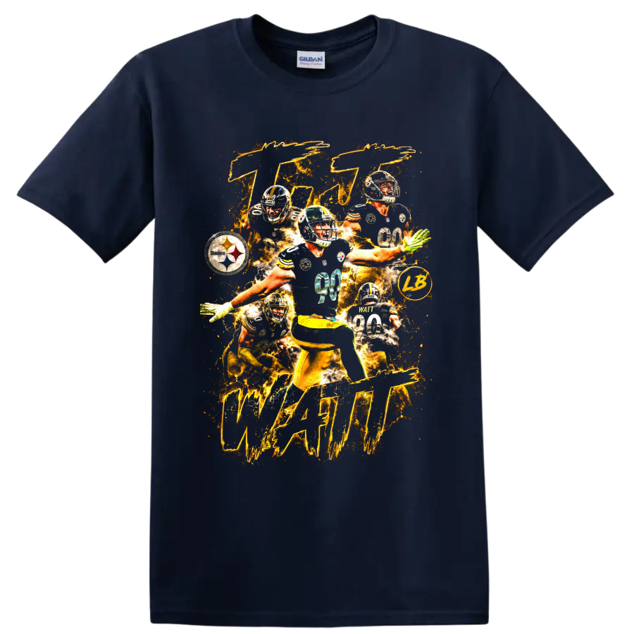 T.J. Watt Steelers number 90 action collage with gold lightning on a Navy (Blue) T Shirt