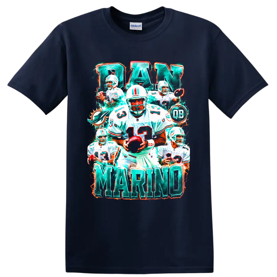 Dan Marino Miami Dolphins quarterback collage with number 13, QB badge, and bold name on a Navy (Blue) T Shirt