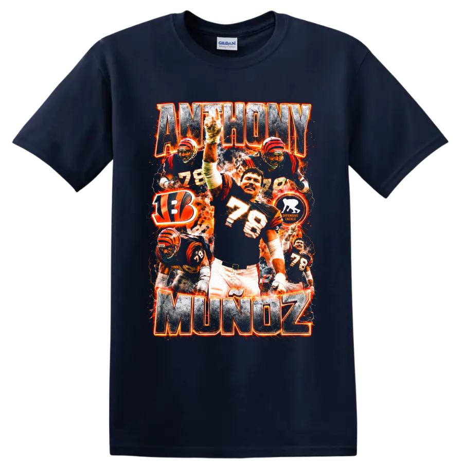 Anthony Muñoz Bengals number 78 football collage with fiery orange graphics on a Navy (Blue) T Shirt