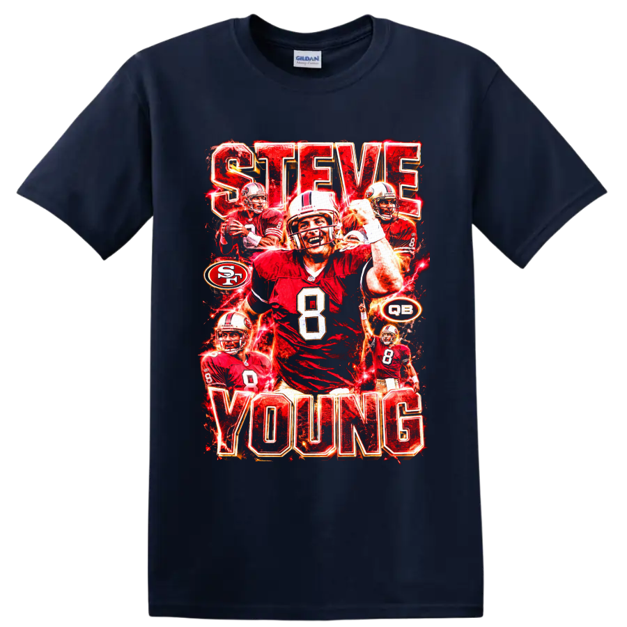 Steve Young 49ers number 8 quarterback collage with STEVE YOUNG lettering on a Navy (Blue) T Shirt