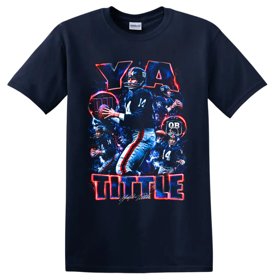 Y. A. Tittle New York Giants number 14 quarterback collage with TITTLE lettering on a Navy (Blue) T Shirt