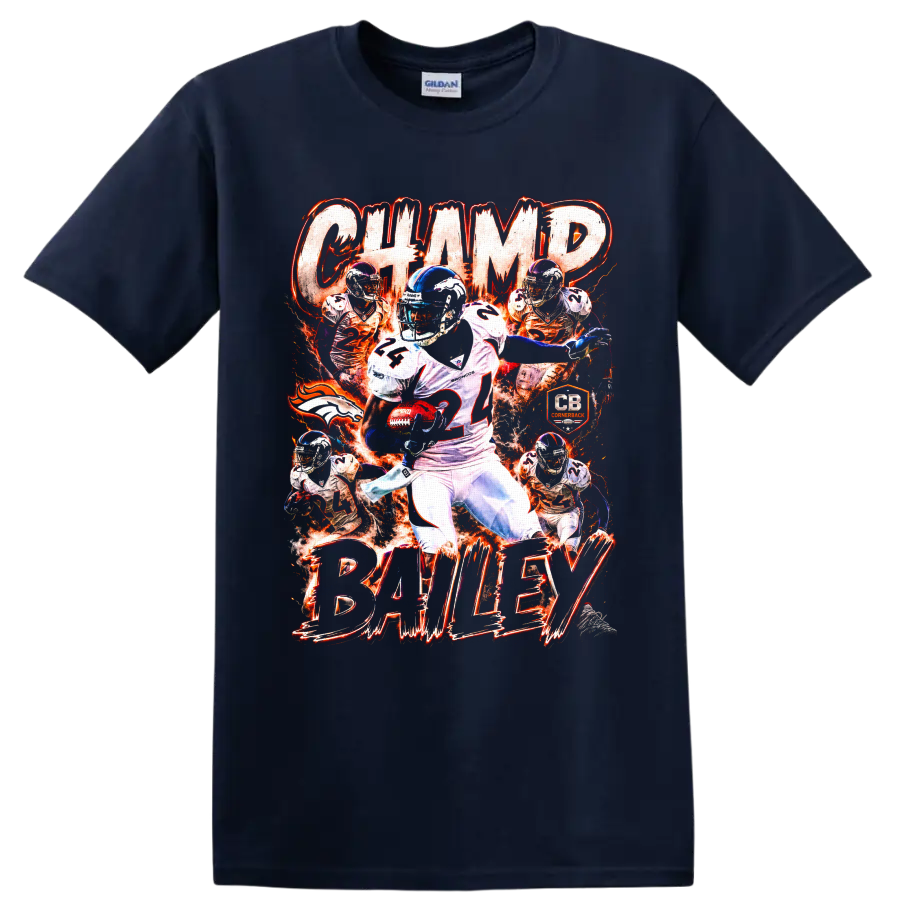 Champ Bailey Denver Broncos number 24 cornerback collage with fiery action graphics on a Navy (Blue) T Shirt
