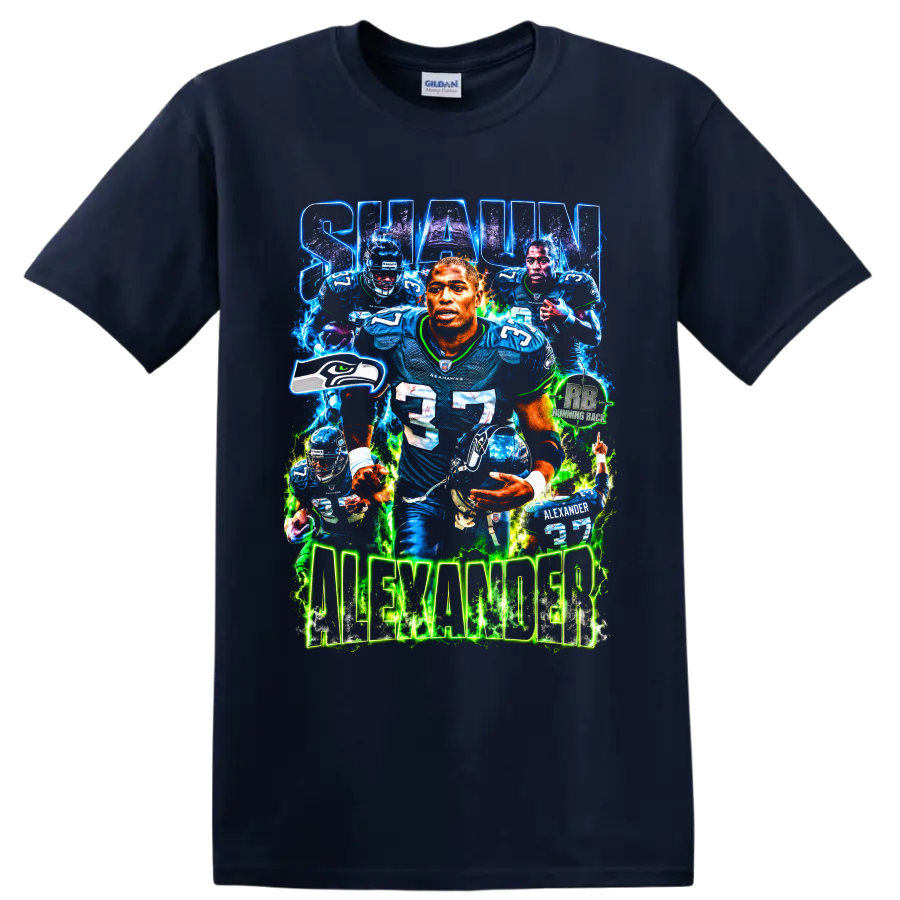 Shaun Alexander Seattle Seahawks number 37 football collage with glowing lettering on a Navy (Blue) T Shirt