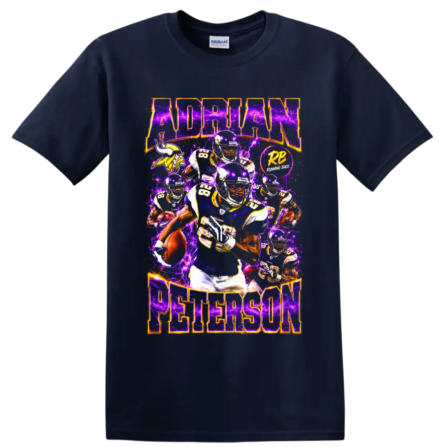 Adrian Peterson Vikings running back collage with purple lightning and football action on a Navy (Blue) T Shirt