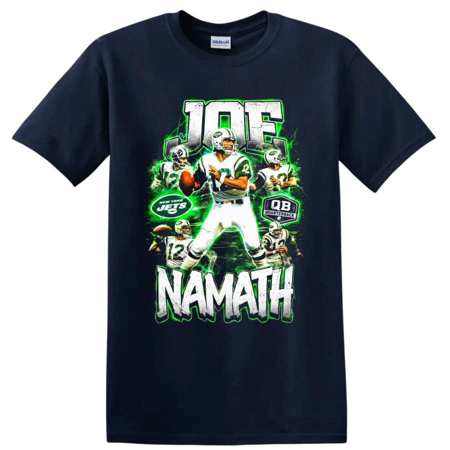 Joe Namath New York Jets quarterback collage with number 12, distressed text, and green on a Navy (Blue) T Shirt