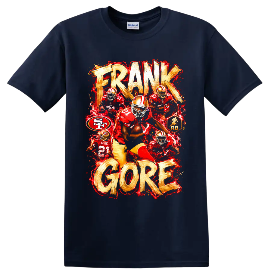 Frank Gore 49ers number 21 action collage with distressed FRANK GORE lettering on a Navy (Blue) T Shirt