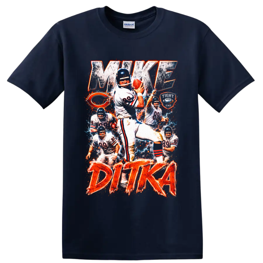 Mike Ditka Chicago Bears number 89 vintage football collage with MAKE DITKA text on a Navy (Blue) T Shirt