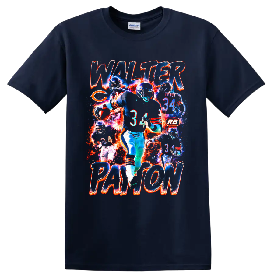 Walter Payton Chicago Bears number 34 action collage with distressed name lettering on a Navy (Blue) T Shirt