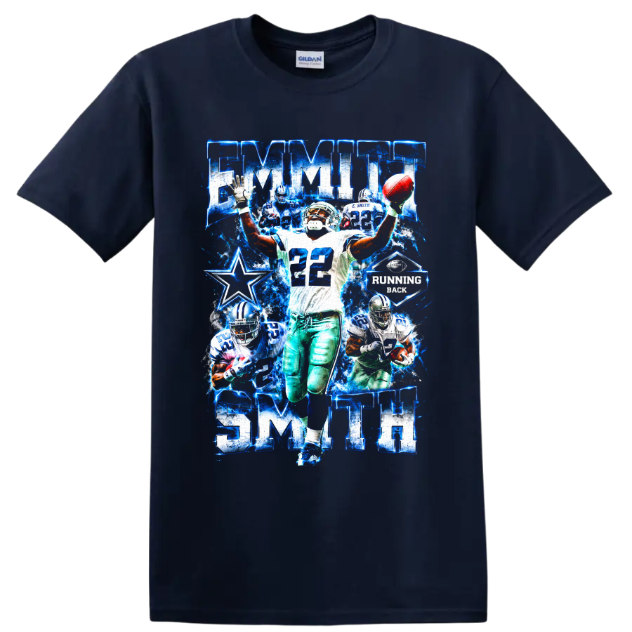 Emmitt Smith Dallas Cowboys number 22 running back blue star action collage on a Navy (Blue) T Shirt