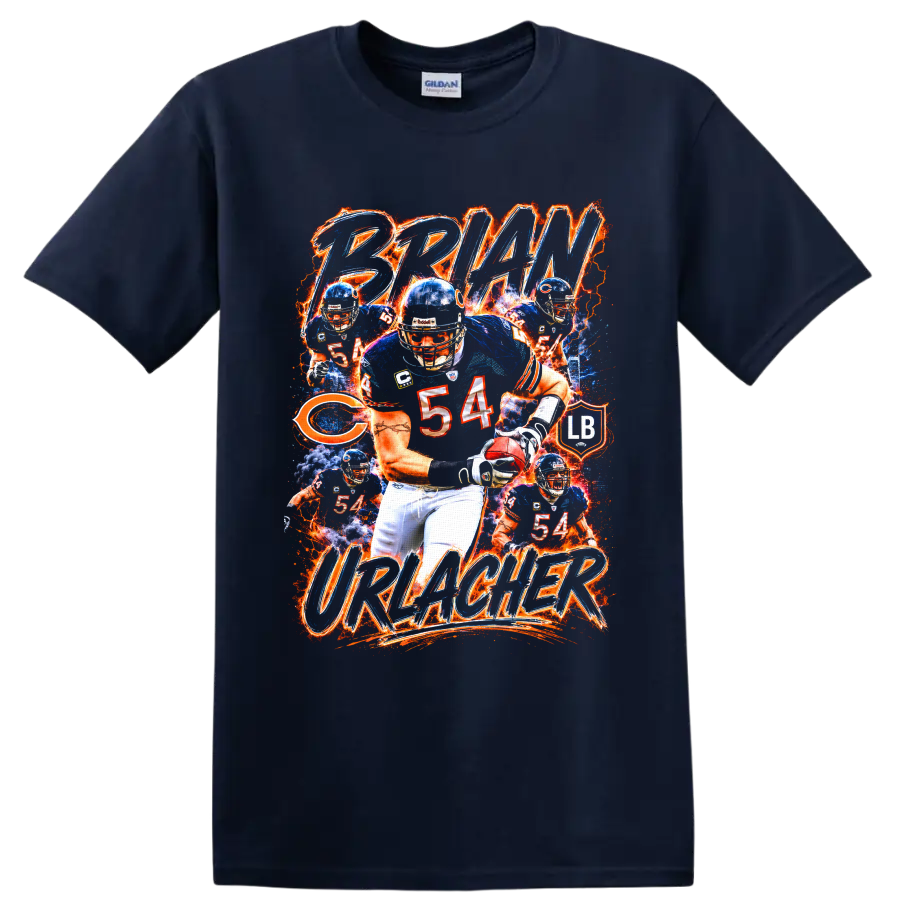Brian Urlacher Chicago Bears 54 action collage with fiery BRIAN URLACHER lettering on a Navy (Blue) T Shirt