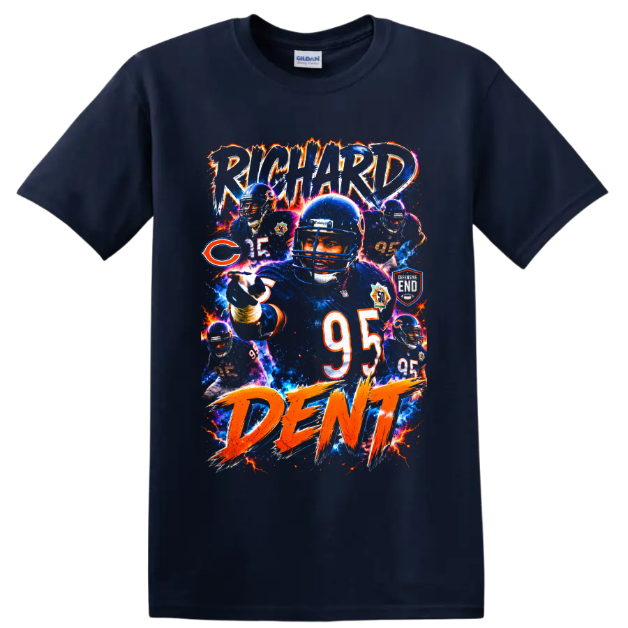 Richard Dent Chicago Bears number 95 football collage with electric retro lettering on a Navy (Blue) T Shirt