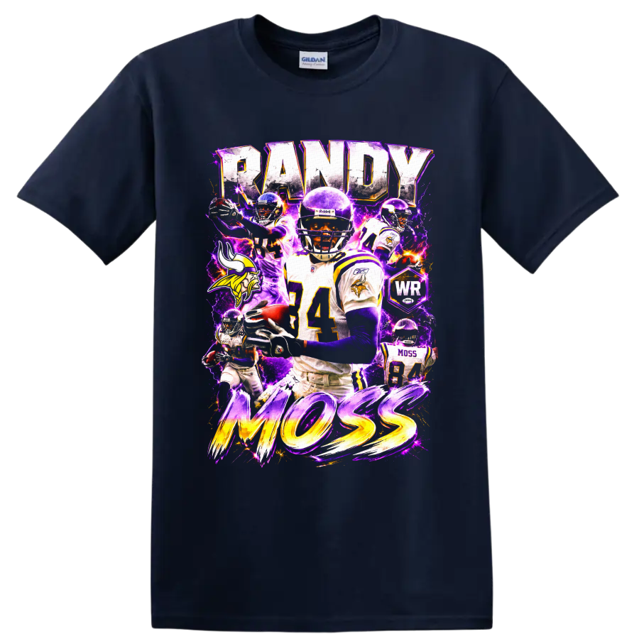 Randy Moss Minnesota Vikings number 84 collage with RANDY MOSS text and purple lightning on a Navy (Blue) T Shirt