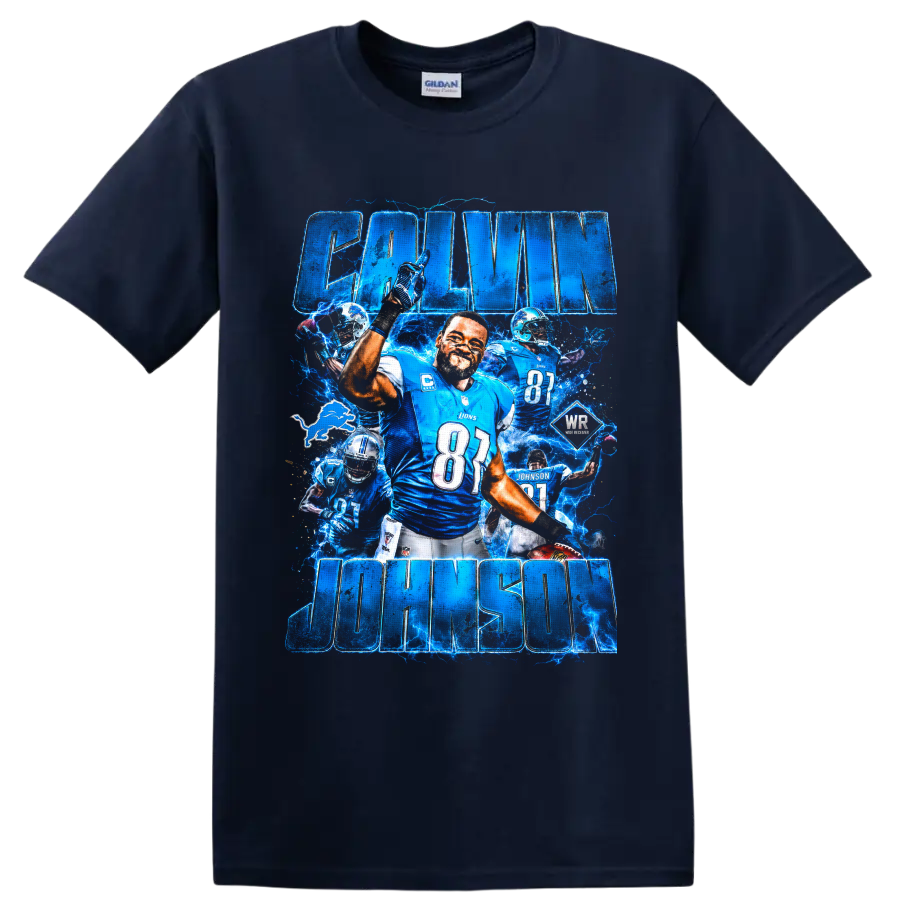 Calvin Johnson Detroit Lions number 81 football collage with electric blue lightning on a Navy (Blue) T Shirt