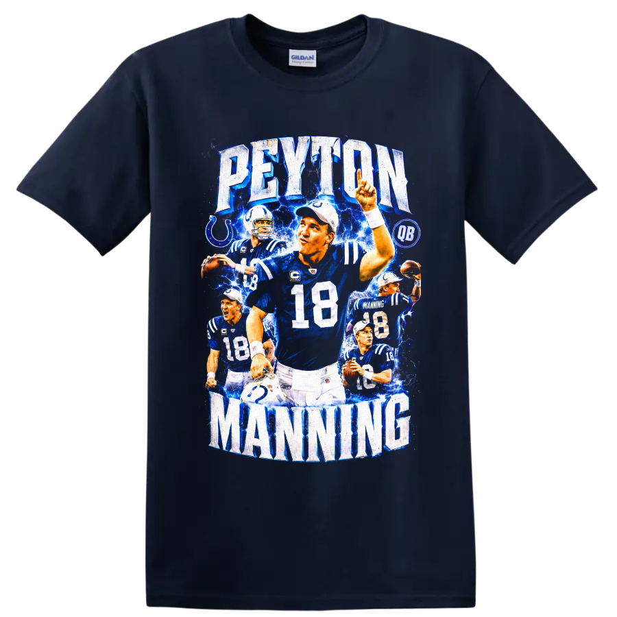 Peyton Manning Indianapolis Colts No. 18 electric football collage with PEYTON MANNING on a Navy (Blue) T Shirt