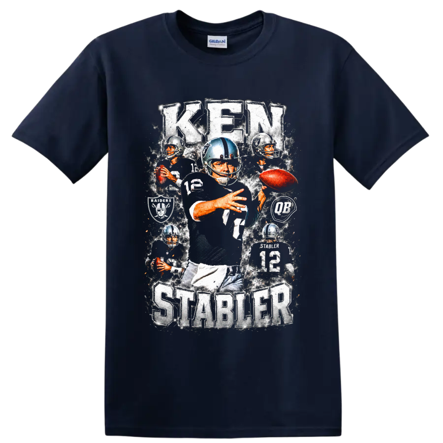 Ken Stabler Oakland Raiders number 12 vintage football collage with Raiders emblems on a Navy (Blue) T Shirt