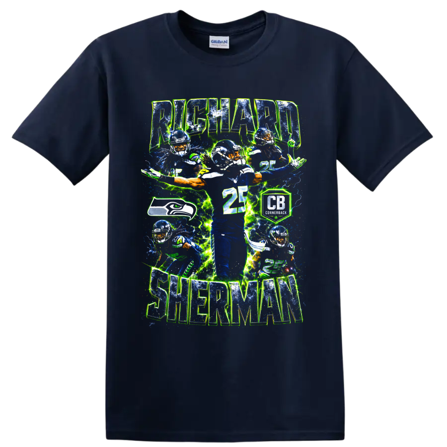 Richard Sherman Seahawks cornerback collage with number 25 and electric action effects on a Navy (Blue) T Shirt