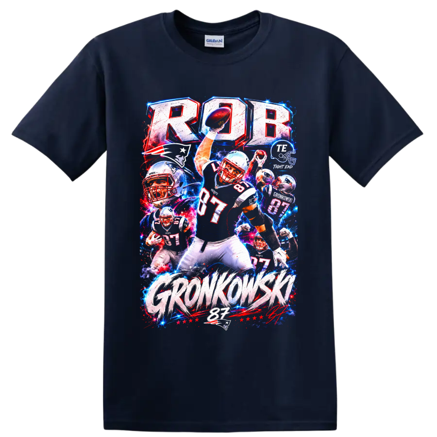 Rob Gronkowski Patriots number 87 football action collage with bold GRONKOWSKI text on a Navy (Blue) T Shirt