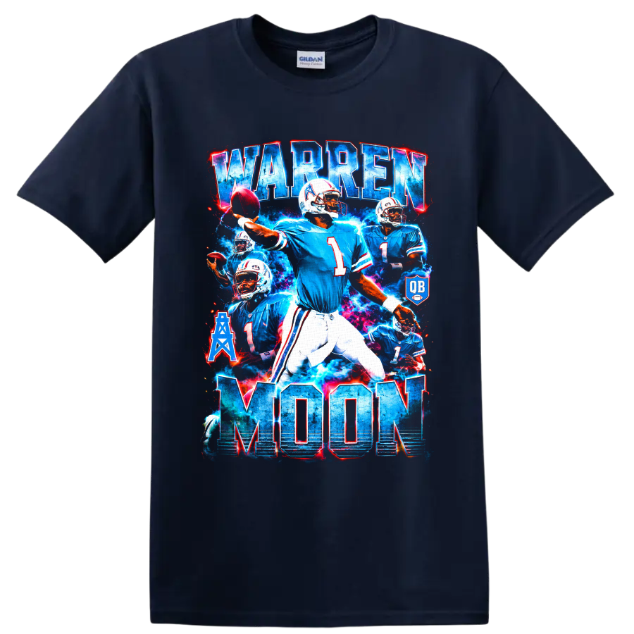 Warren Moon Houston Oilers quarterback collage with bold WARREN MOON lettering on a Navy (Blue) T Shirt