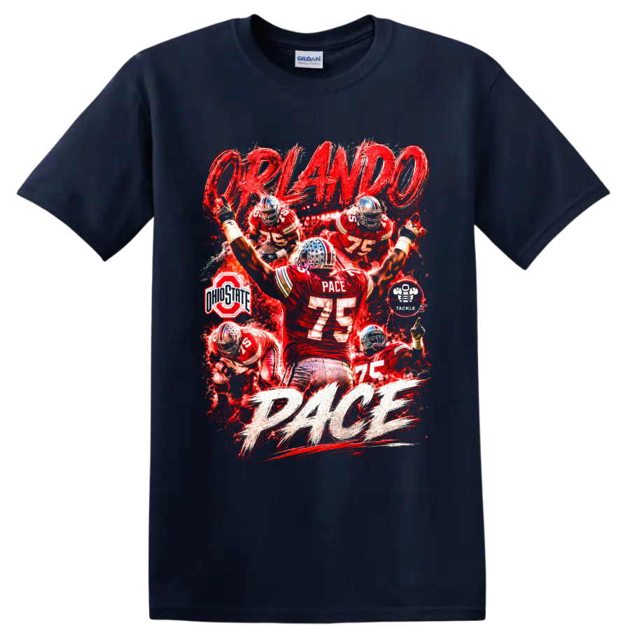 Orlando Pace Ohio State Buckeyes No. 75 red football action collage with PACE lettering on a Navy (Blue) T Shirt
