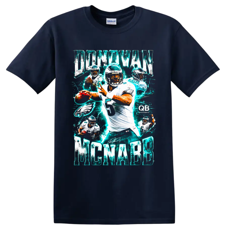 Donovan McNabb Philadelphia Eagles quarterback collage with electric teal action graphics on a Navy (Blue) T Shirt