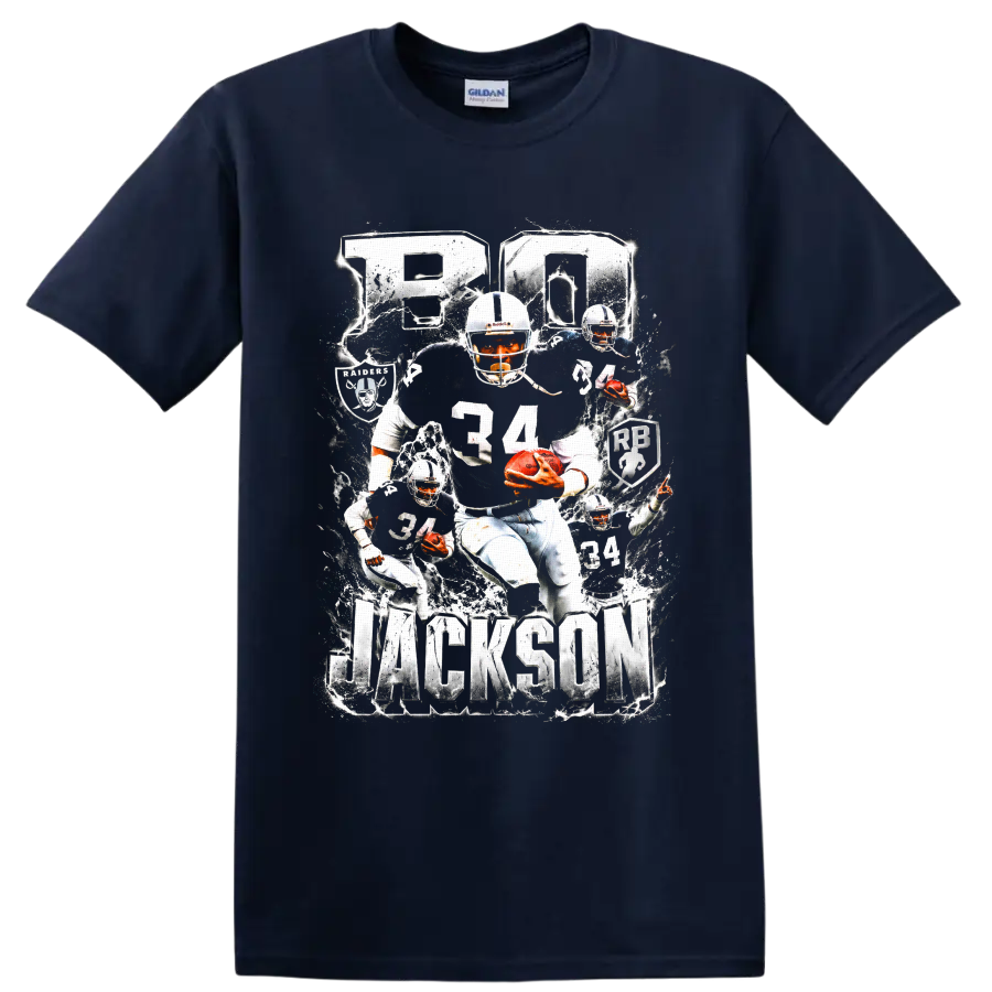 Bo Jackson Oakland Raiders number 34 football collage with BO and JACKSON text on a Navy (Blue) T Shirt