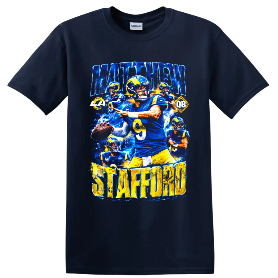 Matthew Stafford Rams quarterback action collage with MATTHEW STAFFORD lettering on a Navy (Blue) T Shirt
